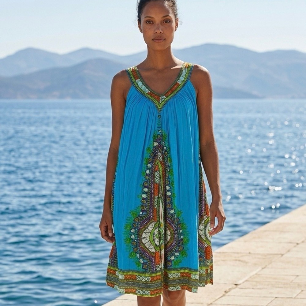India Boutique Turquoise Blue Dashiki Medallion Rayon Mini Dress Free Size Boho